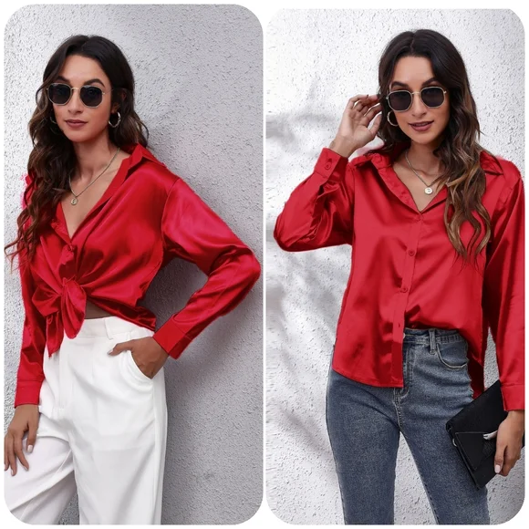 Red Collared Neck Buttoned Long Sleeve Shirt - Picture 3 of 4